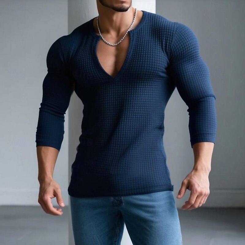 Men's Waffle T-shirt T Shirt Long Sleeve V Neck Open Front Spring &  Fall Solid Color Textured Modern V Neck Outdoor Home Sports & Outdoor Black Navy Blue Top Tee for Men