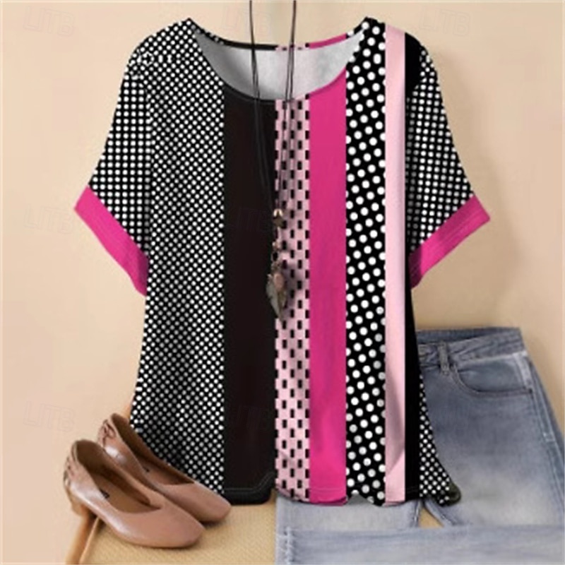 Women's T Shirt Tee Top Polka Dot Color Block Fashion Modern Short Sleeve Crew Neck Regular Tops Daily Print Pink Summer