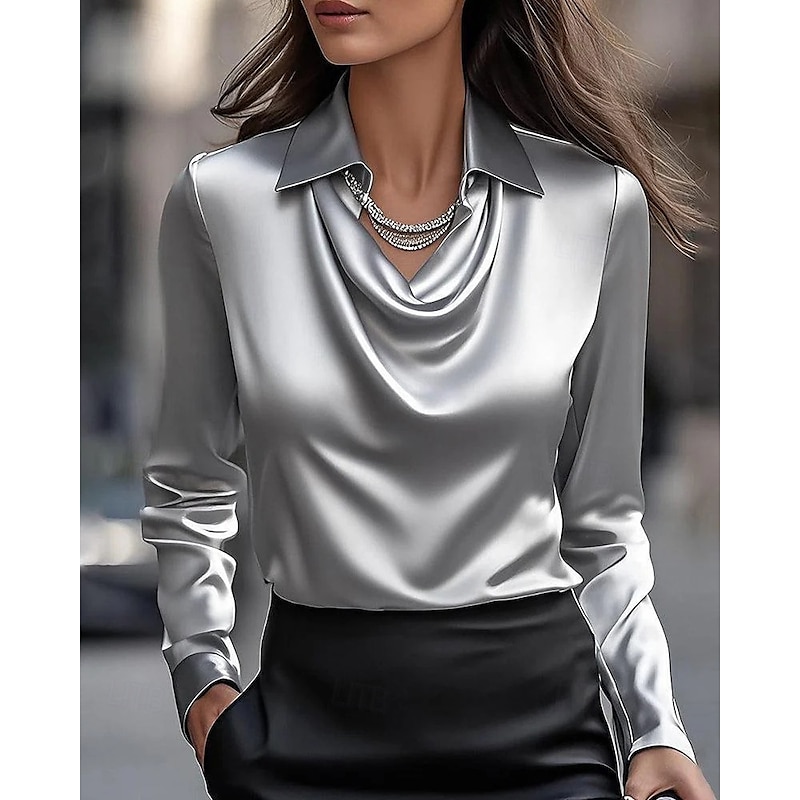 Women's Shirt Blouse Satin Plain Modern Casual Long Sleeve Shirt Collar Regular Elegant Tops Drape Neckline Daily Going out Ruched Loose Fit Black Wine Navy Blue Blue Khaki Fall3