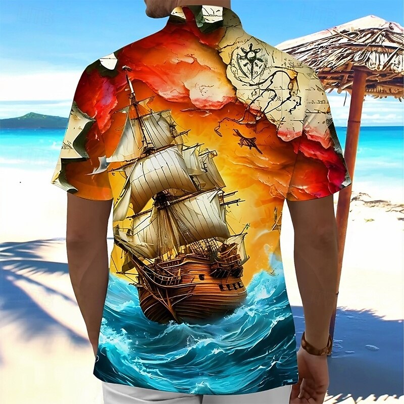 Halloween Men's Ocean Nautical Sailboat Shirt Summer Shirt Button Up Shirt Short Sleeve Vintage Retro Holiday Streetwear Summer Spring Turndown 3D Print Collared Shirts Orange2