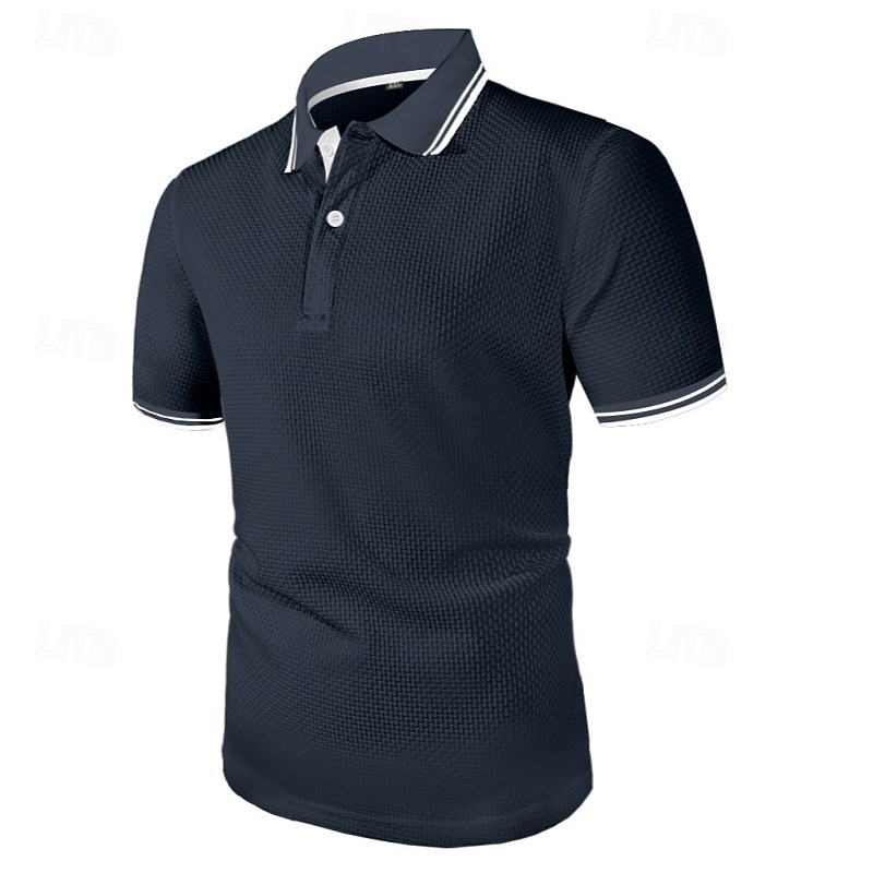 Men's Waffle Polo Shirts Golf Shirt Work Casual Lapel Short Sleeve Basic Modern Textured Buttons Jacquard Summer Regular Fit Black White Black Dark Blue Navy Blue Waffle Polo Shirts3