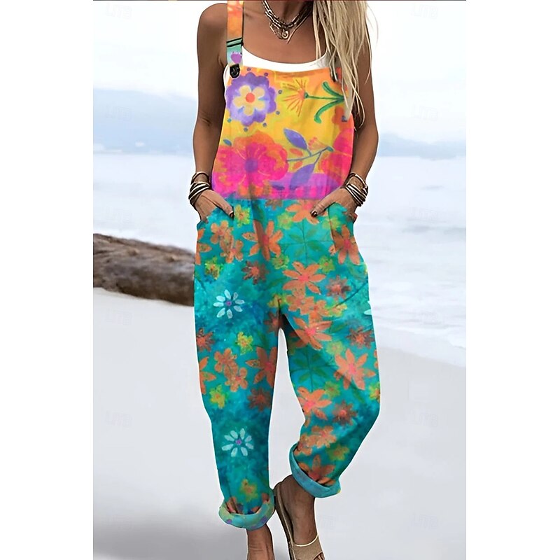 Women's Dungarees Active Floral Sleeveless Sleeveless Straight Square Neck Pocket with Pocket Vacation Daily Loose Fit Pink Purple Green Summer