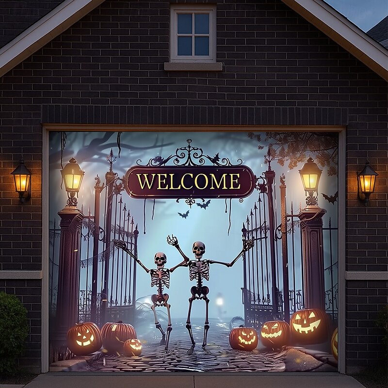 Halloween Garage Door Cover – Skeleton Welcome Scene with Red Leaves, Outdoor Decoration for 2025 Halloween Home Front Yard3