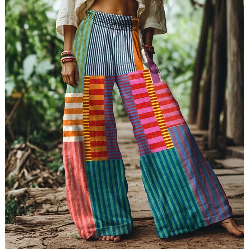 Women's Culottes Wide Leg Wide Leg Chinos Vacation Vintage Ethnic Style Full Length High Waist Graphic Gradient Striped Quick Dry Breathability Soft Inelastic Formal Outdoor Vacation Pinky Black Red2