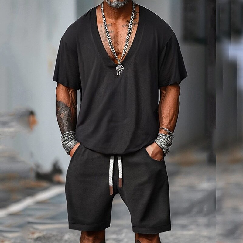 Men's T-shirt Suits 2 Pieces Outfits Tee & Shorts Short Sleeve V Neck Summer Plain Fashion Casual 2 Piece Vacation Daily Wear Going out Black Top Tee for Men