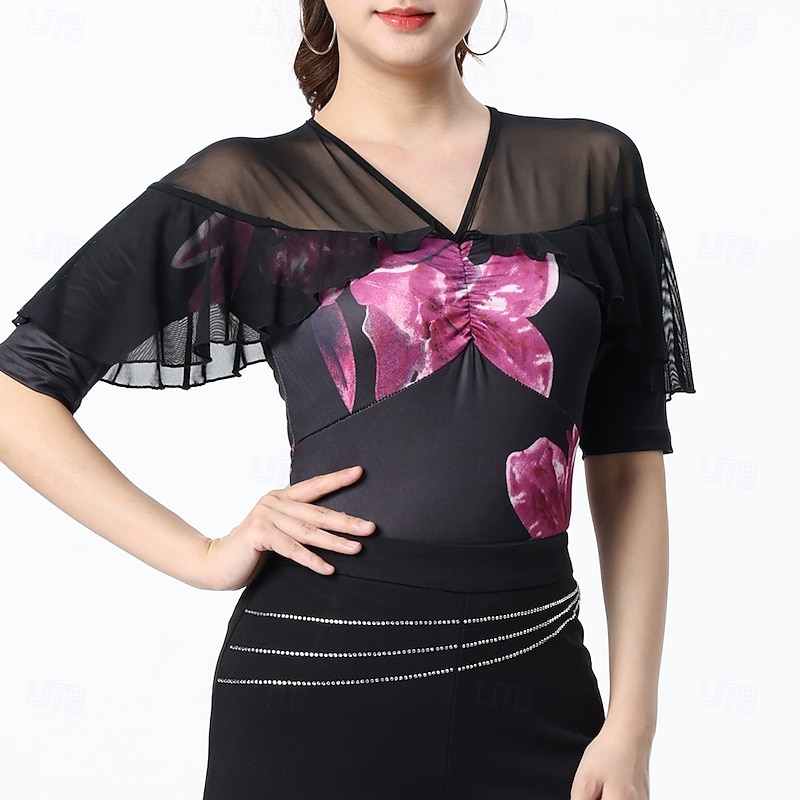 Latin Dance Top Printing Splicing Tulle Women's Performance Training Half Sleeve High Polyester