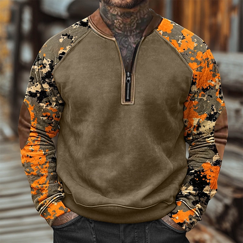 Men's Sweatshirt Quarter Zip Sweatshirt White Army Green Orange Brown Brown 2 Half Zip Color Block Camo / Camouflage Half Zip Print Casual Daily Holiday Polyester Vintage Streetwear Casual Fall Winter