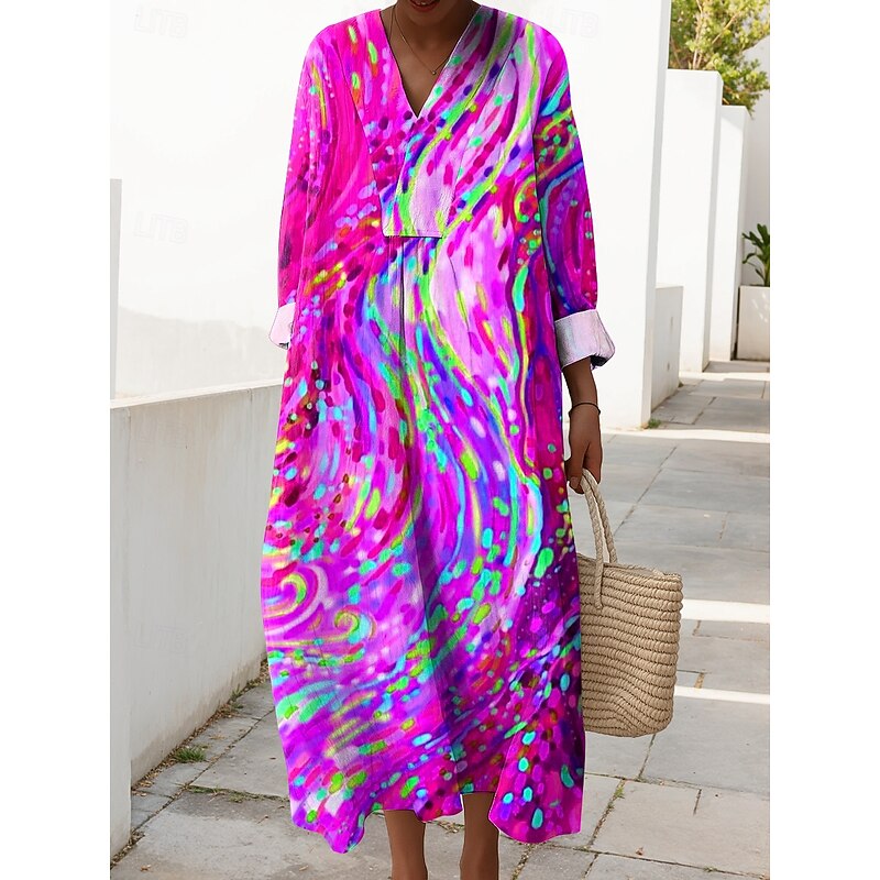 Women's Midi Dress V Neck Long Sleeve Kaftan Lightweight Loose Fit Shift Dress Casual Going out Loose Fit Graphic Geometric Abstract Long Sleeve V Neck Blue Purple Orange Green Fall3