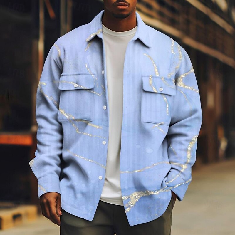 Men's Marble Abstract Liquid Art Corduroy Shirt Shacket Shirt Jacket Long Sleeve Casual Outdoor Dailywear Fall Winter Turndown Button-Down Warm Jacket with Flap Pockets White Yellow Blue Dark Blue2