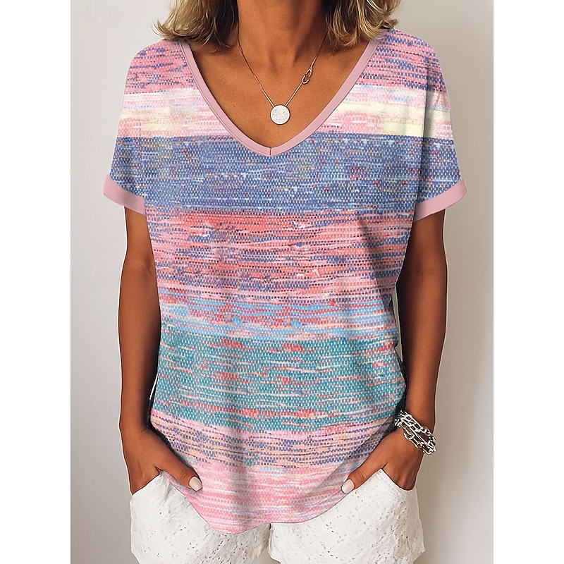 Women's T Shirt Graphic Geometric Striped Vintage Casual Short Sleeve V Neck Regular Tops Daily Weekend Vacation Wear Print Pink Blue Purple Green Summer Spring