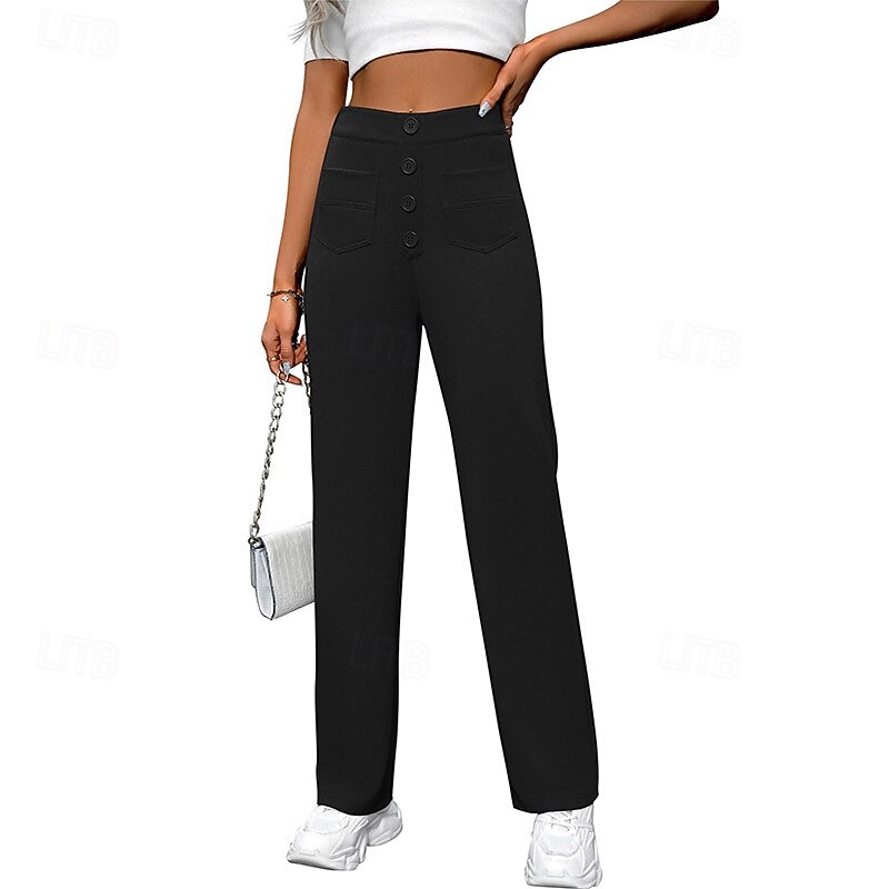 Women's Slacks Straight Streetwear Casual Full Length Natural Plain Pocket Elastic Waist Buckle Comfy Street Holiday Weekend Magenta Dark red Camel Depression Green Fall Regular Fit2