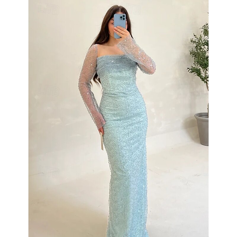Sequin A-Line Evening Gown Elegant Dress Formal Wedding Guest Floor Length Long Sleeve NeckMother Of the Bride Dress Satin with Glitter Slit3