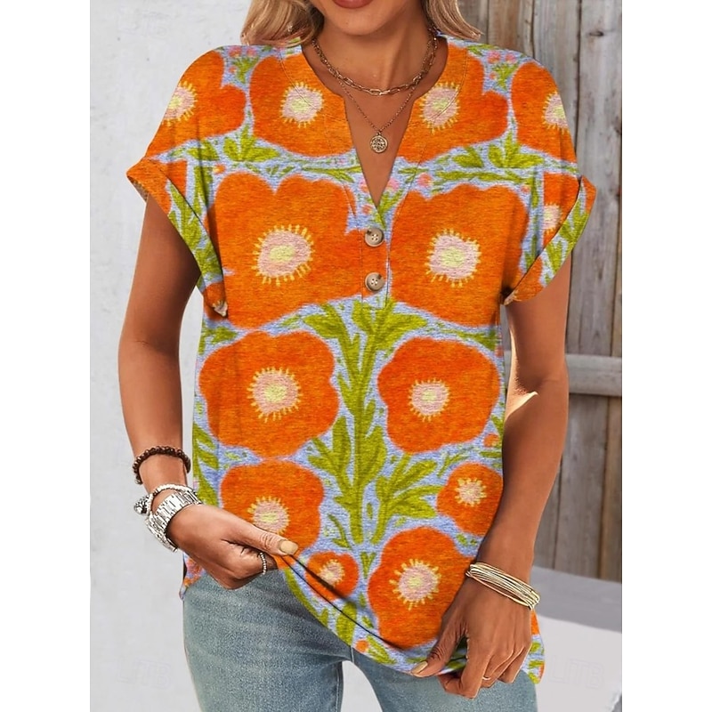 Women's T Shirt Floral Graphic Plants Vintage Stylish Classic Short Sleeve V Neck Notched Neck Regular Tops Daily Going out Weekend Print Orange Summer Spring