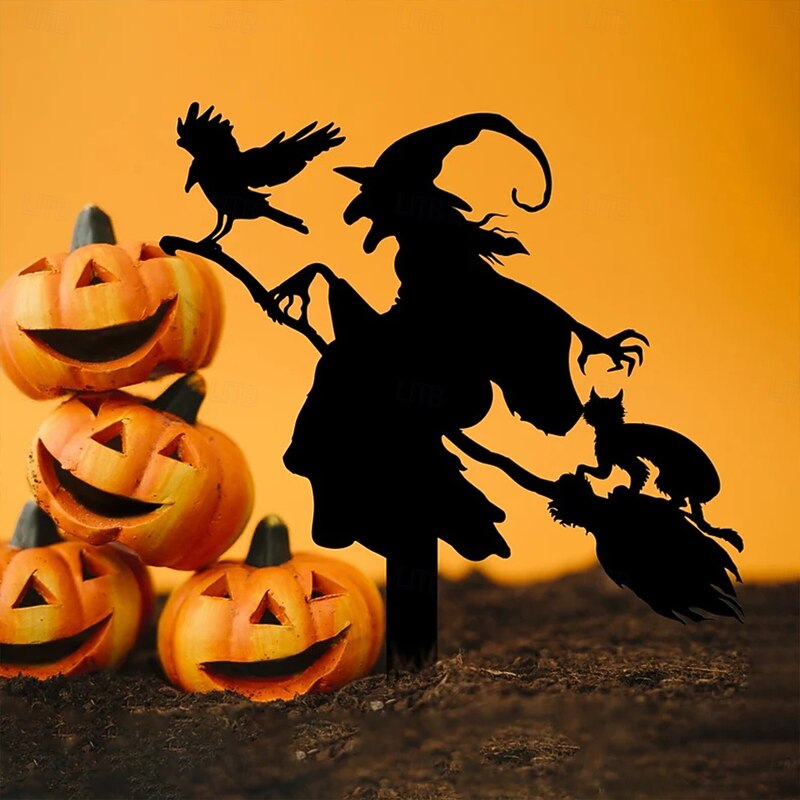 1pc Witch with Broomstick Metal Garden Stake - Iron Outdoor Halloween Decor with Cat & Crow Freestanding Fall Thanksgiving Yard Sign No Electricity Needed Spooky Home Decoration Halloween3