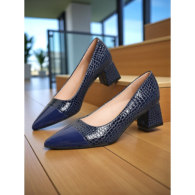 Women's Navy Blue Patent Leather Block Heel Pumps – Croc-Embossed Pointed Toe Dress Shoes for Office, Parties, and Formal Events4