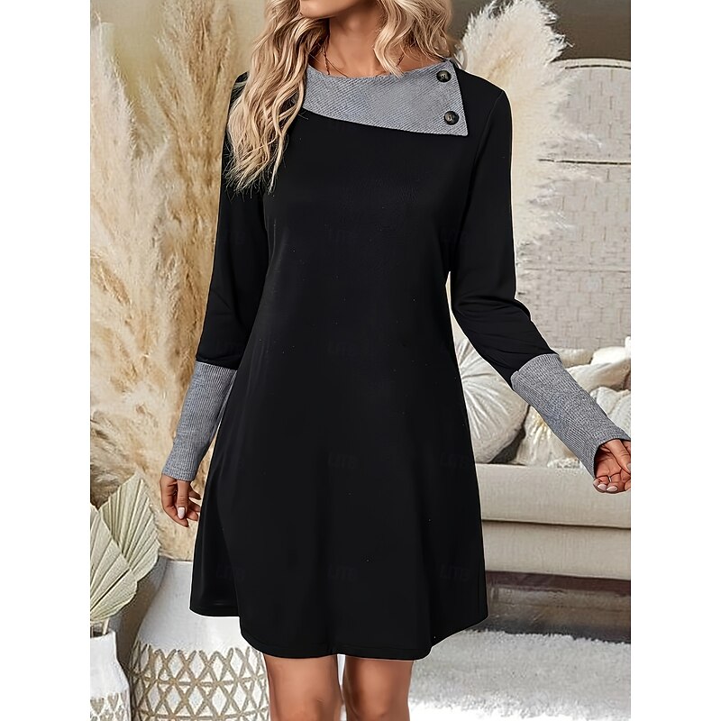 Women's Mini Dress Print Dress Fashion Modern Daily Going out Weekend Loose Fit Color Block Long Sleeve Crew Neck Black Navy Blue Spring Fall4