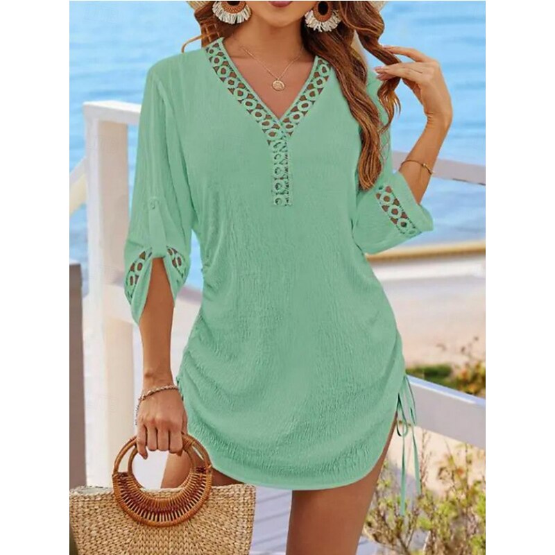 Women's Mini Dress Casual Dress Sundress Summer Dress Fashion Modern Daily Beach Weekend Regular Fit Plain 3/4 Length Sleeve V Neck Black White Green Summer Spring3
