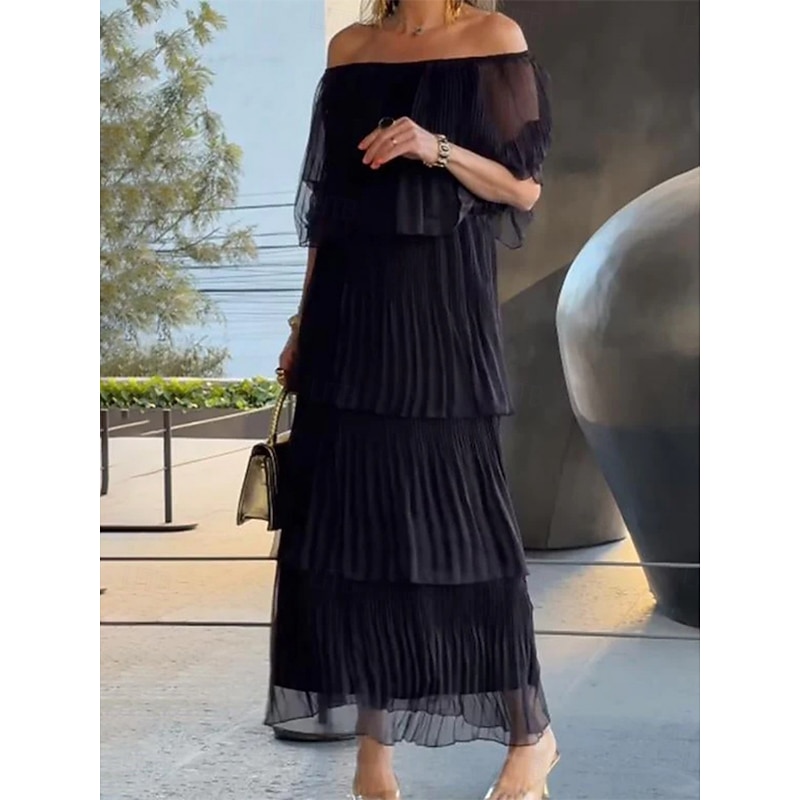 Women's Midi Dress Cocktail Dress Wedding Guest Dress Chiffon Elegant Fashion Modern Outdoor Vacation Regular Fit Plain Half Sleeve Off Shoulder Black White Gray Summer Spring2