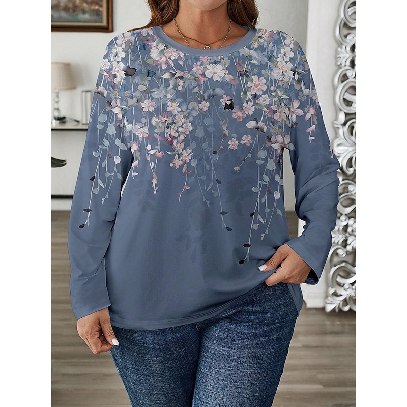 Women's Plus Size Tops T Shirt Floral Print Long Sleeve Crew Neck Casual Daily Polyester Fall Winter Black Pink3
