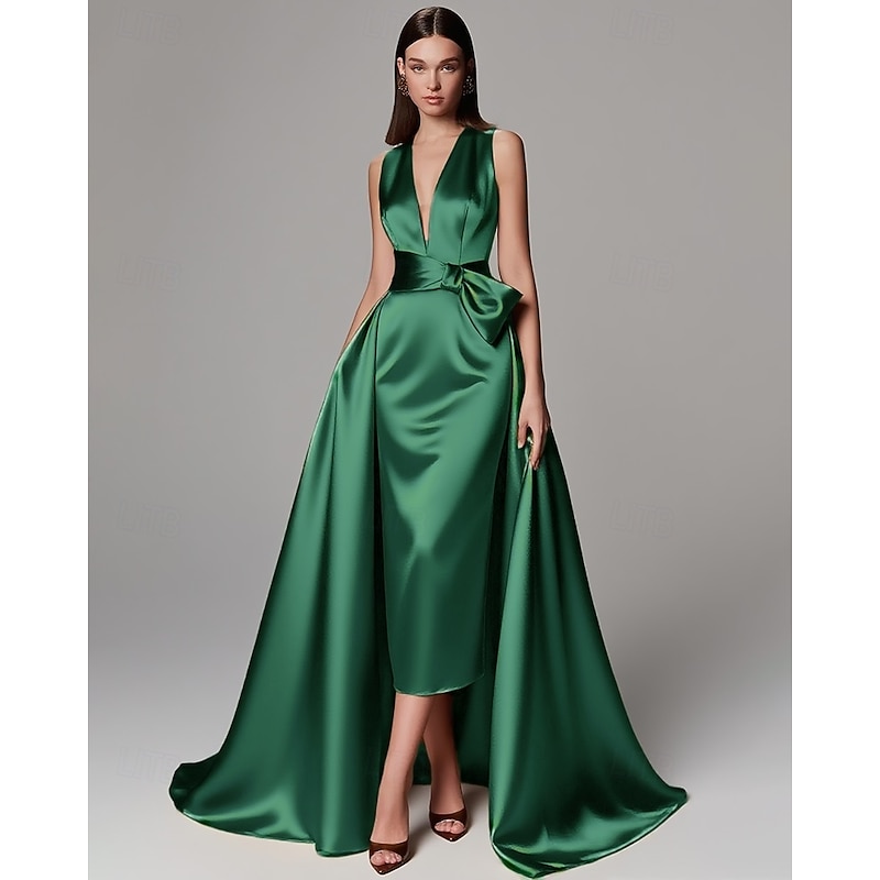 Gold A-Line Evening Gown Elegant Dress Formal Wedding Floor Length Sleeveless V NeckMother Of the Bride Dress Stretch Satin with Bow(s) Pleats4