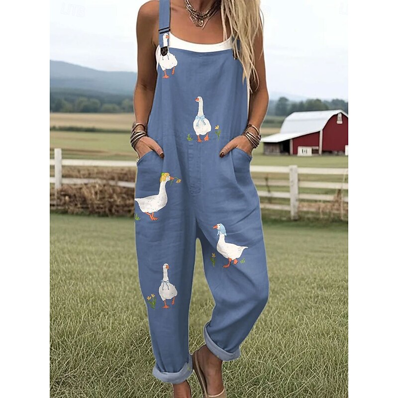 Women's Dungarees Active Graphic Sleeveless Straight Vacation Street Loose Fit Pink Blue Green Summer2