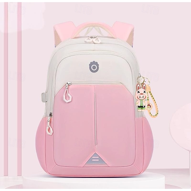 Girls' Pink and White School Backpack with Cute Cartoon Keychain, Lightweight Waterproof Bookbag with Large Capacity for Elementary and Middle School Students
