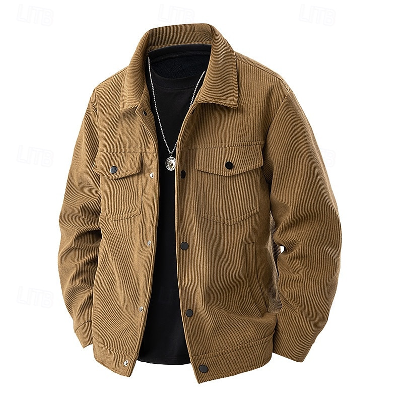 Men's Lightweight Jacket Corduroy Jacket Cargo Jacket Casual Jacket Vacation Daily Pocket Spring Fall Plain Fashion Classic Lapel Regular Black Army Green Beige Coffee Jacket - Main Image