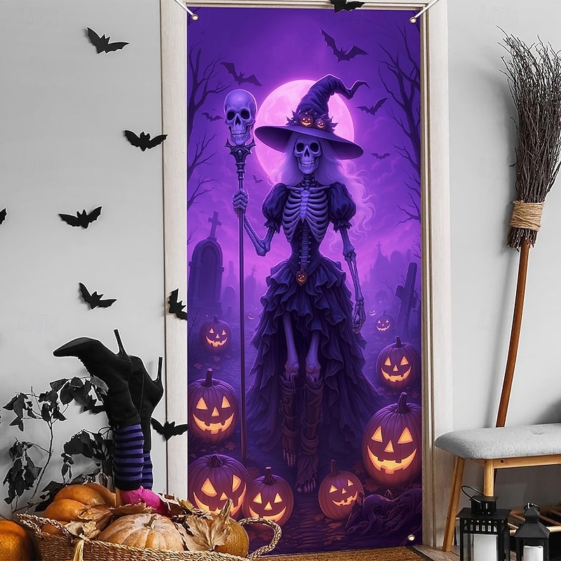 Halloween Door Cover Neon Witch with Broom Banner, Glowing Blacklight Entrance Decoration for Outdoor & Indoor 2025 Halloween Bedroom, Living Room, Bathroom2