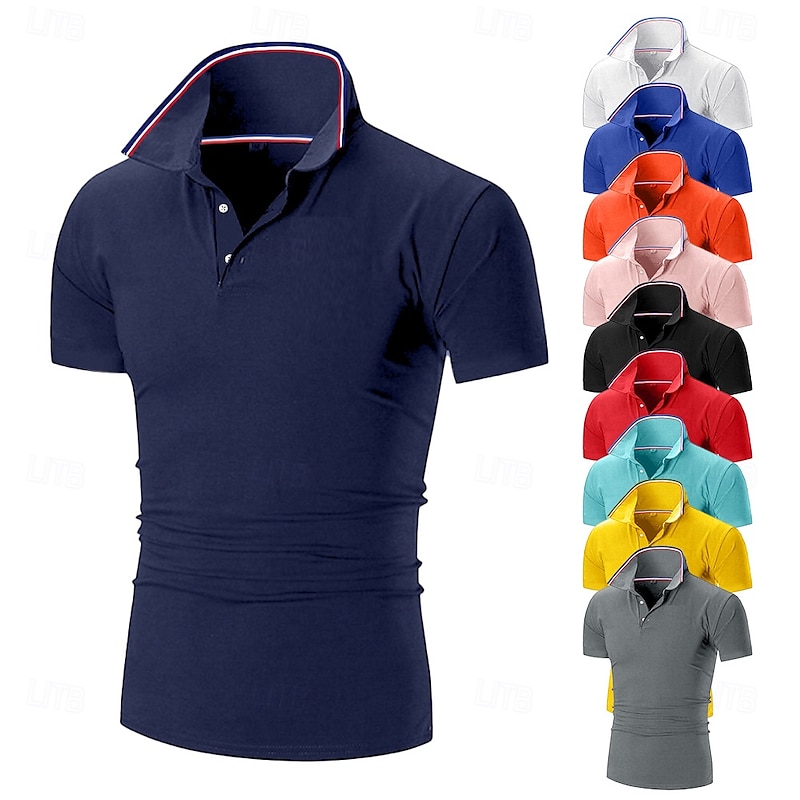 Men's Golf Shirt Pique Polo Shirt Business Casual Ribbed Polo Collar Short Sleeve Fashion Basic Solid Color Buttons Summer Spring &  Fall Regular Fit Black Pink White Yellow Light Green Red Golf Shirt