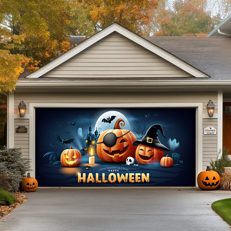 Halloween Outdoor Garage Door Cover Pumpkin Skeletons Banner Large Tapestry Backdrop Decoration for Holiday Outdoor Garage Door Home Wall Decorations