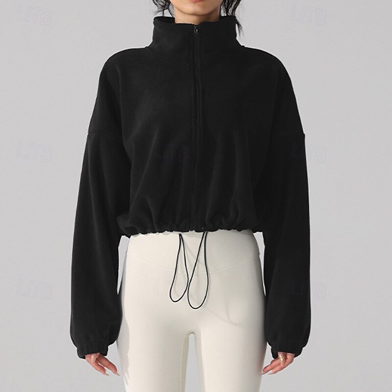 Women's Fuzzy Fleece Jacket Stand Collar Windproof Lightweight Warm Full Zip Long Sleeve Sports Solid Color Top For Outdoor Running Yoga Activewear4