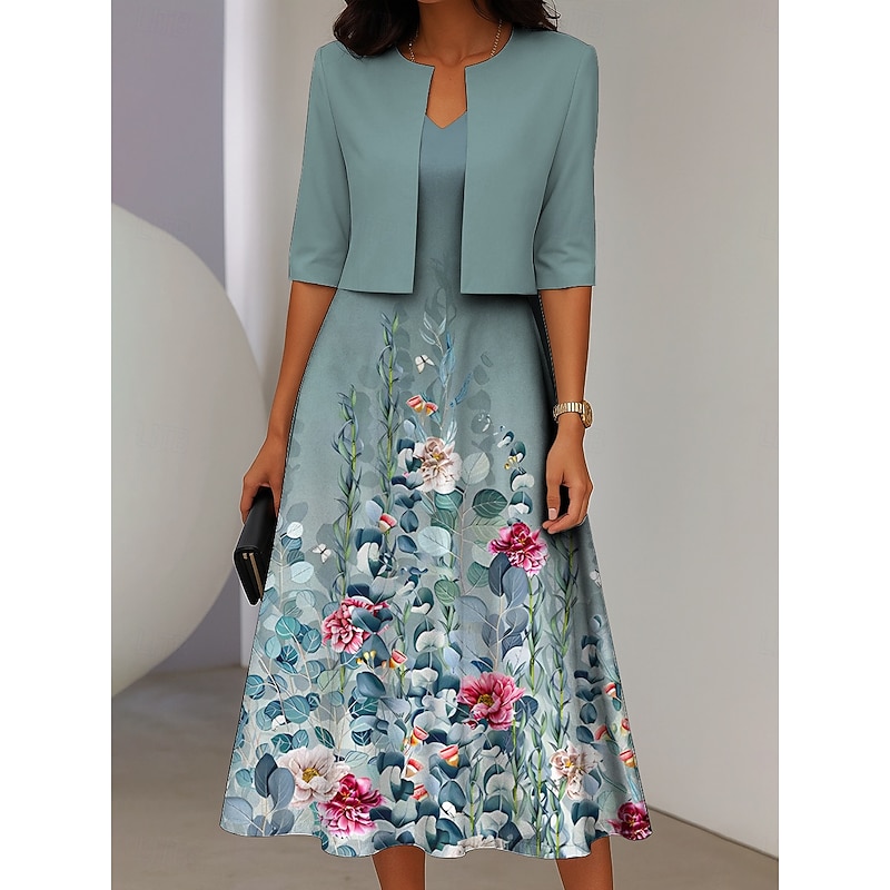 Women's Two Piece Dress Sets Midi Dress with Jacket Elegant A Line Dress Half Sleeve Casual Semi Formal Ombre Floral Print V Neck Date Pink Blue Purple Regular Fit