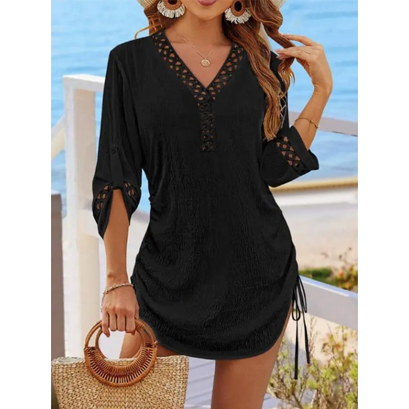Women's Mini Dress Casual Dress Sundress Summer Dress Fashion Modern Daily Beach Weekend Regular Fit Plain 3/4 Length Sleeve V Neck Black White Green Summer Spring2