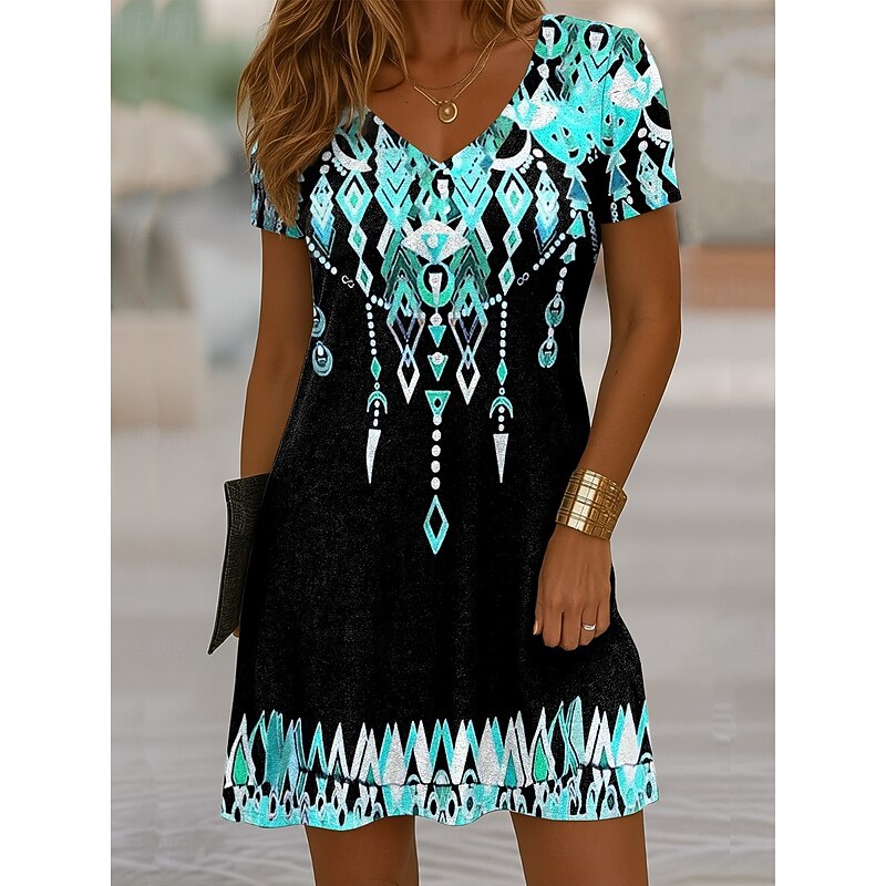 Women's Mini Dress T Shirt Dress Tee Dress Sundress Vacation Casual Boho Going out Regular Fit Graphic Paisley Abstract Short Sleeve V Neck Pink Blue Purple Orange Summer Spring2