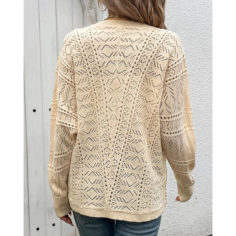 Women's Sweater Cardigan Fashion Streetwear Daily Solid Color Ribbed V Neck Knitted Hole Long Sleeve Regular Tops Knit Holiday Going out Weekend Apricot Spring Fall2