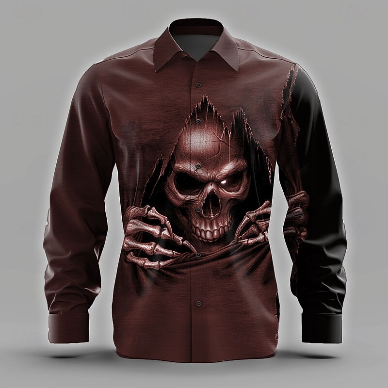 Men's Skull Grim Reaper Skeleton Shirt Button Up Shirt Long Sleeve Dark Punk Gothic Style Holiday Streetwear Summer Spring Turndown 3D Print Collared Shirts Black Wine Green Dark Blue4
