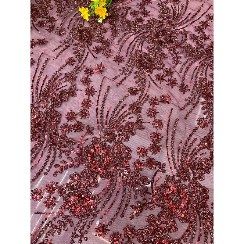 Burgundy Floral Sequin Embroidered Lace Mermaid / Trumpet Evening Gown Elegant Dress Formal Wedding Sweep / Brush Train 3/4 Length Sleeve V Neck Satin with Pleats2