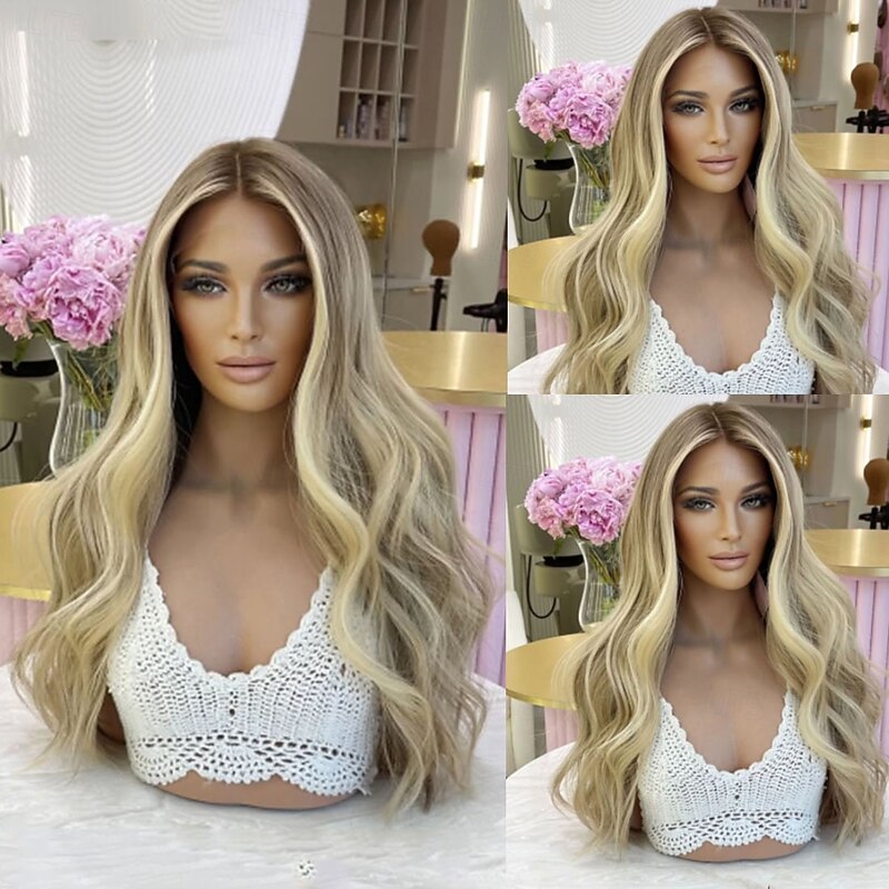 Remy Human Hair 5x5 Closure 13x4 Lace Front Wig Free Part Brazilian Hair Wavy Blonde Wig 150% 180% Density with Baby Hair Highlighted / Balayage Hair 100% Virgin Glueless Pre-Plucked For Women Long4