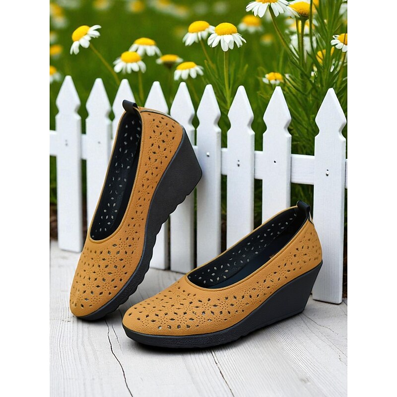 Women's Yellow Wedge Slip-On Shoes with Hollow Design – Comfortable Daily Flats for Summer Walks, Outdoor Picnics and Garden Parties3