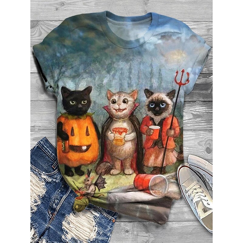 Halloween Women's T Shirt Graphic Cat Pumpkin Vintage Stylish Classic Short Sleeve Crew Neck Round Neck Regular Tops Daily Print Black Orange Khaki Summer Fall