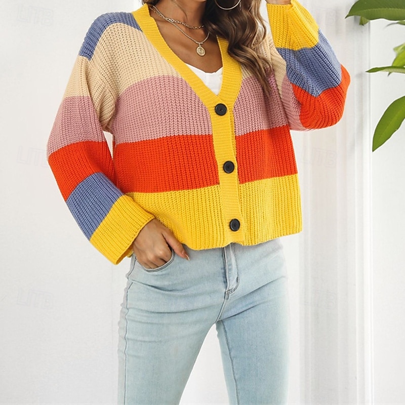 Women's Cardigan Casual Color Block Chunky V Neck Knitted Long Sleeve Regular Tops Knit Daily Holiday Going out Yellow Green Fall Winter3