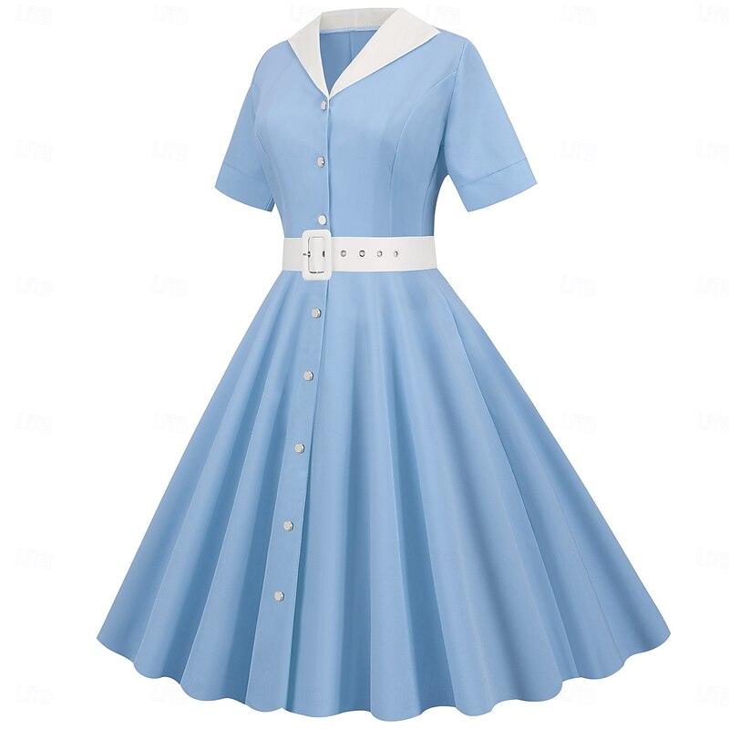 Elegant Retro Vintage 1950s Midi Dress Swing Dress Flare Dress Buckle With Belt Solid Color A-Line Fancy Dress Women's Valentine's Day Dailywear Date Tea Party Adults' Dress 1 Belt Spring & Summer3