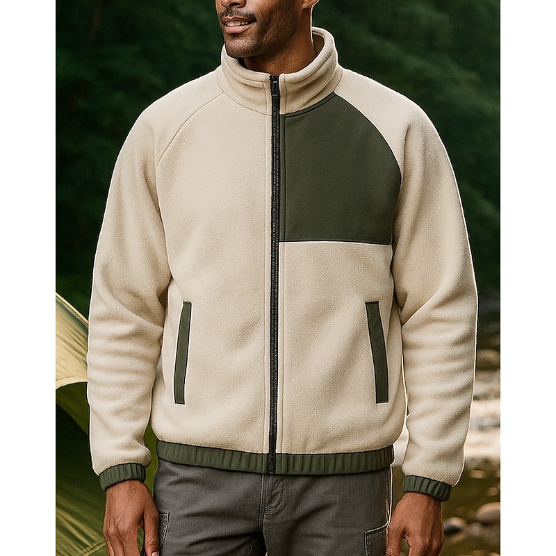 Men's Outdoor Jacket Hiking Jacket Fleece Jacket Winter Outdoor Patchwork Thermal Warm Top Black White Khaki