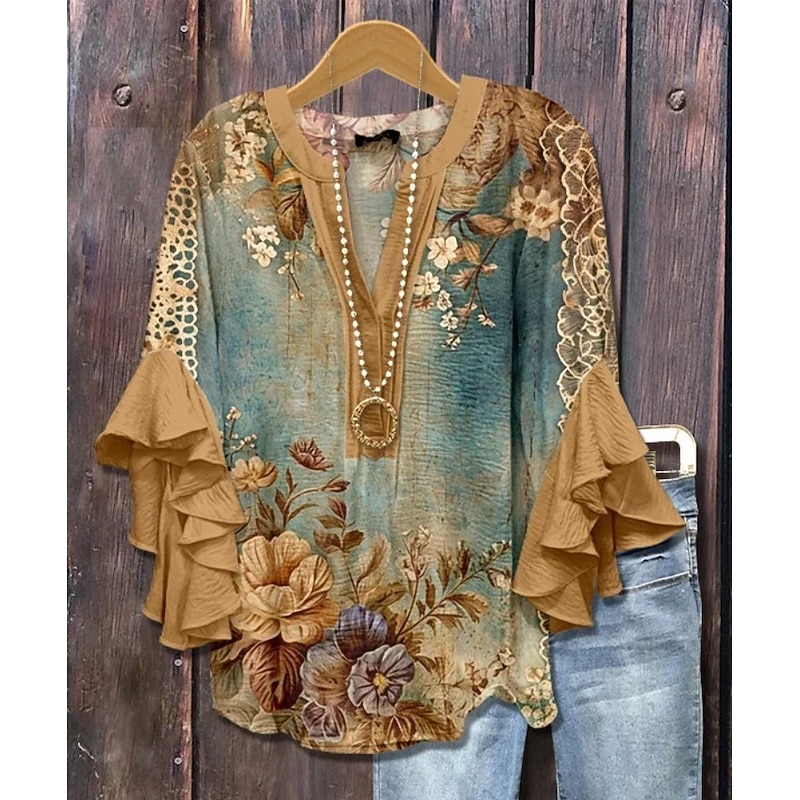 Women's Blouse V Neck Floral Graphic Elegant Bohemia Ethnic 3/4 Length Sleeve Regular Tops Daily Holiday Vacation Wear Ruffle Print Royal Blue Blue Light Purple Khaki Summer Spring Fall3
