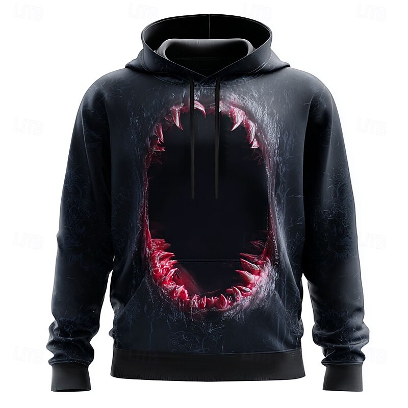 Halloween Men's 3D Mouth Hoodies Sweatshirt Punk Exaggerated Long Sleeve Crew Neck Club Streetwear Black Gray Drawstring Fall Winter Designer
