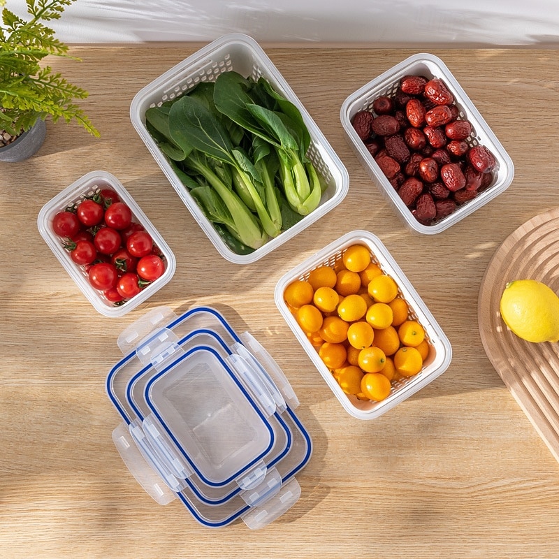 Household Transparent Plastic Food Storage Box-Including Drain Basket and Lids Reusable Multi-Purpose Kitchen Organizer Boxes for Fruits, Vegetables, and Dry Goods2