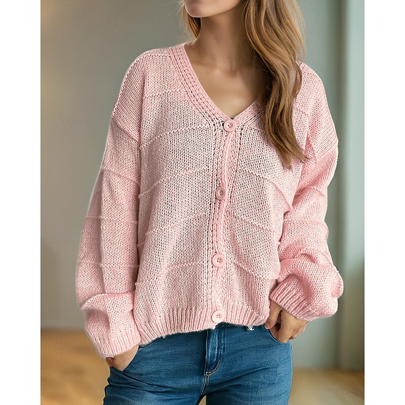 Women's Sweater Cardigan Fashion Streetwear Daily Solid Color Ribbed V Neck Knitted Long Sleeve Regular Tops Knit Holiday Going out Weekend Black White Spring Fall2