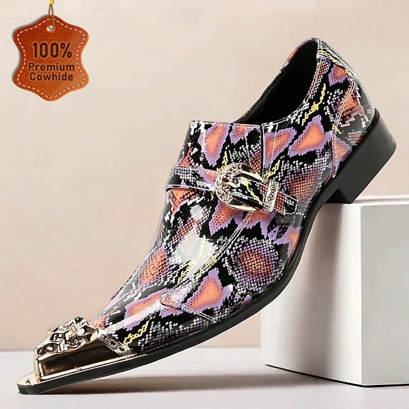 Men's Punk-Inspired Pink Python Print Leather Monk Strap Shoes – Statement Dress Footwear for Stylish Men at Clubs and Special Occasions