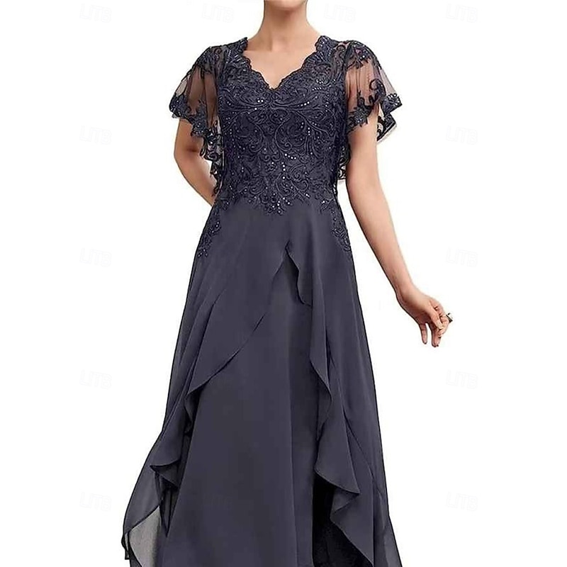 A-Line Mother of the Bride Dress Elegant V Neck Tea Length Chiffon Short Sleeve with Solid Color3