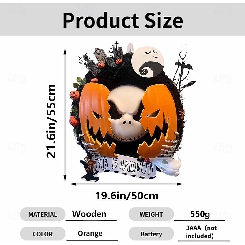 Halloween Nightmare Pumpkin Wreath Scary Pumpkin Bats and Cemetery Garland Decorations for Indoor Outdoor Wall Closet Fence Window Farmhouse3